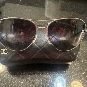 CHANEL Black and Silver Aviator Sunglasses